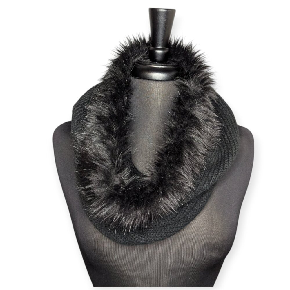 Jaclyn Smith Faux Fur & Knit Black Infinity Cowl Neck Scarf One Size Fits Most